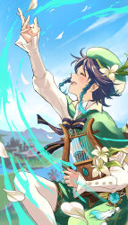 Rule 34 | 1boy, arm up, black hair, black ribbon, braid, capelet, cecilia flower (genshin impact), closed eyes, day, flower, from side, genshin impact, gradient hair, green capelet, green hat, green shorts, hair flower, hair ornament, hat, highres, holding, holding instrument, instrument, long sleeves, lyre, male focus, multicolored hair, nagatukiarare, open mouth, outdoors, petals, ribbon, short hair with long locks, shorts, solo, twin braids, venti (genshin impact), vision (genshin impact)
