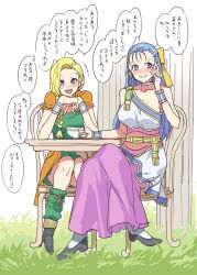 Rule 34 | 2girls, bianca (dq5), blonde hair, blue eyes, blue hair, blush, bow, braid, breasts, dragon quest, dragon quest v, dress, earrings, flora (dq5), full body, hair bow, hair over shoulder, half updo, jewelry, large breasts, crossed legs, long hair, mizuryu kei, multiple girls, pantyhose, pink bow, smile, translation request