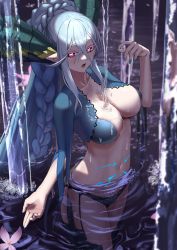 Rule 34 | 1girl, bikini, blue bikini, blue hair, blue nails, braid, breasts, cleavage, cowboy shot, curled horns, fate/grand order, fate (series), flower, hair between eyes, hand up, horns, ironatsuki, large breasts, long hair, looking away, nail polish, navel, open mouth, partially submerged, pink eyes, pink flower, pointy ears, reflection, ripples, second-party source, short sleeves, shrug (clothing), sidelocks, skin tight, solo, stomach, stomach tattoo, strapless, strapless bikini, striped, swimsuit, symbol-shaped pupils, tattoo, thick eyebrows, thighs, tiamat (fate), vertical stripes, very long hair, water, wet, x-shaped pupils