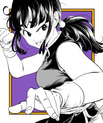 Rule 34 | 1girl, bare arms, black eyes, black hair, blunt bangs, border, breasts, chi-chi (dragon ball), china dress, chinese clothes, clenched hand, dragon ball, dragon ball (classic), dress, eyelashes, facing viewer, fighting stance, fingernails, floating hair, frown, hair strand, hand up, high collar, highres, lee (dragon garou), long eyelashes, looking afar, medium breasts, monochrome, obi, open mouth, ponytail, purple background, realistic, sash, serious, side slit, sidelocks, sleeveless, sleeveless dress, solo, square, teeth, two-tone background, upper body, upper teeth only, v-shaped eyebrows, white border, wristband, yellow border