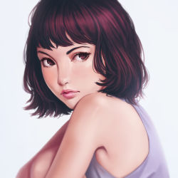 Rule 34 | 1girl, bare shoulders, blurry, brown eyes, brown hair, closed mouth, commentary, face, ilya kuvshinov (style), knees to chest, medium hair, original, realistic, rotisusu, solo