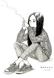 Rule 34 | 1girl, cigarette, denim, emanon (character), freckles, greyscale, highres, jeans, knit sweater, kokudou juunigou, long hair, memories of emanon, monochrome, pants, parted bangs, shoes, sitting, sneakers, solo, white background