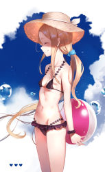 Rule 34 | 1girl, abigail williams (fate), artist request, ball, bare arms, bare shoulders, beachball, bikini, black bikini, blonde hair, blue scrunchie, blue sky, breasts, brown hat, closed eyes, cloud, collarbone, commentary request, day, fate/grand order, fate (series), forehead, grin, groin, hair ornament, hair scrunchie, hat, heart, highres, holding, holding ball, long hair, low ponytail, lowleg, navel, outdoors, parted bangs, polka dot, polka dot bikini, ponytail, profile, scrunchie, sky, small breasts, smile, solo, straw hat, swimsuit, very long hair, yukiyama momo