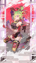 Rule 34 | 1girl, absurdres, arm up, black nails, bleble, breasts, closed mouth, crop top, cropped jacket, dagger, full body, genshin impact, geta, gloves, green hair, hair between eyes, hair ornament, highres, jacket, knees up, knife, kuki shinobu, leg armor, legs apart, medium breasts, midriff, nail polish, navel, no mask, outstretched arm, partially fingerless gloves, purple eyes, purple jacket, rope, shimenawa, short ponytail, short shorts, shorts, solo, stomach, tassel, thighhighs, thighs, throwing knife, weapon
