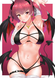 Rule 34 | 1girl, absurdres, alternate costume, arm up, bandaged arm, bandaged leg, bandages, bikini, black bikini, blush, breasts, cowboy shot, curled horns, demon horns, demon tail, demon wings, earrings, finger to mouth, gold necklace, halloween costume, heart, heart necklace, heterochromia, highres, hololive, horns, houshou marine, jewelry, large breasts, long hair, looking at viewer, low wings, navel, necklace, o-ring, o-ring thigh strap, red eyes, red hair, skull earrings, solo, swimsuit, tail, thigh strap, twintails, virtual youtuber, wings, yellow eyes, zyunsei777
