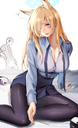 Rule 34 | 1boy, 1girl, absurdres, animal ear fluff, animal ears, doodle sensei (blue archive), black pantyhose, blonde hair, blue archive, blue eyes, blue necktie, blue shirt, blue skirt, breasts, can, cleavage, collarbone, hair over one eye, halo, highres, kanna (blue archive), large breasts, long hair, long sleeves, looking at viewer, necktie, open mouth, pantyhose, sensei (blue archive), shirt, simple background, sitting, skirt, white background, yoshimoto (carpsukidayo)
