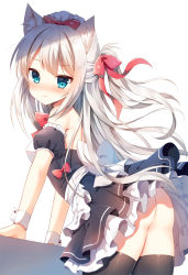 Rule 34 | 1girl, animal ear fluff, animal ears, apron, arm support, ass, azur lane, back bow, black dress, black sleeves, black thighhighs, blush, bow, breasts, cat ears, closed mouth, commentary request, detached sleeves, dress, frilled apron, frills, green eyes, hair bow, hammann (azur lane), long hair, looking at viewer, looking to the side, mauve, nose blush, one side up, puffy short sleeves, puffy sleeves, red bow, short sleeves, silver hair, simple background, small breasts, solo, thighhighs, very long hair, waist apron, wavy mouth, white apron, white background, white bow, wrist cuffs