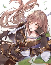 Rule 34 | 1boy, belt, bracelet, braid, brown eyes, brown hair, falling leaves, gloves, granblue fantasy, hand on own cheek, hand on own face, holding, holding weapon, iro 178, jewelry, lamorak (granblue fantasy), leaf, long bangs, long hair, looking at viewer, lying, male focus, on side, over shoulder, shirt, smile, solo, vial, weapon, weapon over shoulder, white background, white shirt