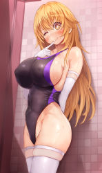 Rule 34 | + +, 1girl, arm behind back, bare shoulders, black one-piece swimsuit, blonde hair, blush, breasts, closed mouth, collarbone, competition swimsuit, covered erect nipples, covered navel, elbow gloves, feet out of frame, female pubic hair, finger to mouth, gloves, highleg, highleg swimsuit, highres, hot melon, huge breasts, large breasts, long hair, looking at viewer, one-piece swimsuit, one eye closed, pubic hair, pubic hair peek, shokuhou misaki, sideboob, smile, solo, sparkle, sparkling eyes, star-shaped pupils, star (symbol), sweat, swimsuit, symbol-shaped pupils, thighhighs, thighs, tile wall, tiles, toaru kagaku no railgun, toaru majutsu no index, toaru majutsu no index gaiden: toaru kagaku no mental out, white gloves, white thighhighs, yellow eyes