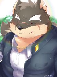 Rule 34 | 1boy, absurdres, animal ears, brown fur, brown hair, closed eyes, collared shirt, commentary request, dated, dog boy, dog ears, dog tail, eyebrow cut, facial scar, fang, fang out, fat, fat man, forked eyebrows, furry, furry male, gakuran, grass, happy, highres, male focus, moritaka (housamo), partial commentary, pig p0318, rainbow, scar, scar on cheek, scar on face, school uniform, shirt, short hair, smile, solo, tail, thick eyebrows, tokyo houkago summoners, two-tone fur, upper body, white shirt