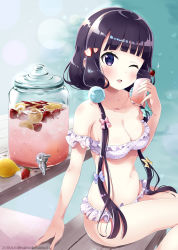 Rule 34 | 1girl, ;d, bandeau, bare arms, bare shoulders, bench, bikini, blend s, blush, bow, breasts, cleavage, collarbone, commentary request, cup, cup to cheek, dated, drink, drinking glass, faucet, fingernails, food, food-themed hair ornament, fruit, fruit punch (drink), green bow, hair bow, hair ornament, head tilt, holding, holding cup, holding drinking glass, lemon, lemon slice, lemonade, long hair, looking at viewer, low twintails, medium breasts, navel, neki (wakiko), on bench, one eye closed, open mouth, parted lips, pink bow, polka dot, polka dot bikini, purple bow, purple eyes, purple hair, sakuranomiya maika, sitting, smile, solo, sparkle, strapless, strapless bikini, strawberry, strawberry hair ornament, swimsuit, table, twintails, twitter username, very long hair, white bikini, yellow bow