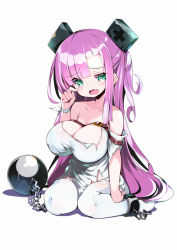 Rule 34 | 1girl, aqua eyes, asymmetrical bangs, ball and chain restraint, bare shoulders, breasts, chain, cleavage, collarbone, cuffs, fang, furrowed brow, hand up, highres, large breasts, long hair, omochishiki, open mouth, original, pink hair, ribbon, shackles, shadow, simple background, sitting, skin fang, tears, thighhighs, torn clothes, uneven eyes, very long hair, wariza, white background, white thighhighs, wrist ribbon