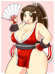 Rule 34 | 1girl, belly, breasts, brown eyes, brown hair, cleavage, covered erect nipples, fatal fury, large breasts, long hair, muhyowo, open mouth, plump, ponytail, shiranui mai, smile, snk, solo, standing, the king of fighters, thick thighs, thighs