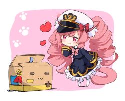 Rule 34 | 1girl, animal ears, azur lane, bow, bowtie, box, cardboard box, cat ears, cat tail, chibi, commentary request, drill hair, frills, hat, long hair, meowficer (azur lane), military, military hat, military uniform, paw print, pink bow, pink bowtie, pink hair, pound (azur lane), red eyes, ribbon, simple background, smile, solo, standing, tail, twin drills, uniform