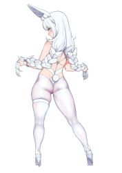 Rule 34 | + +, 1girl, absurdres, animal ear fluff, animal ears, anklet, ass, azur lane, back, blue eyes, braid, contrapposto, era (erasion), from behind, full body, hair between eyes, high heels, highleg, highleg leotard, highres, holding, holding own hair, jewelry, kneepits, le malin (azur lane), le malin (listless lapin) (azur lane), leotard, long hair, looking at viewer, looking back, official alternate costume, rabbit ears, rabbit tail, revealing clothes, shoes, simple background, skin tight, skindentation, solo, tail, thick thighs, thigh strap, thighhighs, thighs, twin braids, very long hair, white background, white hair, white leotard, white thighhighs, wristband