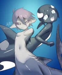 Rule 34 | 2girls, akira (meltyhip), no arms, blue eyes, breasts, colored skin, female focus, flat chest, gills, grey skin, grin, highres, monster girl, multiple girls, navel, no nipples, original, pointy ears, shark girl, short hair, slit pupils, small breasts, smile, teeth, underwater, whale girl