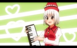 Rule 34 | 1girl, alternate hair color, anime coloring, bad id, bad pixiv id, hat, heart, instrument, keyboard (instrument), letterboxed, lyrica prismriver, mikomiko (mikomikosu), open mouth, shooting star, short hair, smile, solo, touhou, upper body, white hair