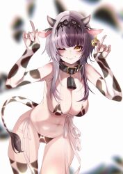 Rule 34 | 1girl, absurdres, animal ears, animal print, bell, black collar, black hair, black hairband, breasts, collar, cow ears, cow horns, cow print, cow tail, cowbell, ear tag, hairband, hands up, highres, hololive, hololive english, horns, horns pose, index finger raised, large breasts, leaning forward, long hair, looking at viewer, multicolored hair, navel, one eye closed, pparus, shiori novella, single thighhigh, solo, split-color hair, stomach, tail, thighhighs, thighs, virtual youtuber, white hair, yellow eyes