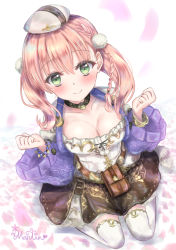 Rule 34 | 1girl, absurdres, atelier (series), atelier escha &amp; logy, black neckwear, black skirt, bracelet, braid, breasts, choker, cleavage, closed mouth, collarbone, escha malier, full body, green eyes, hat, highres, jewelry, kneeling, looking at viewer, martinreaction, medium breasts, pink hair, purple sweater, short hair, signature, simple background, skirt, smile, solo, sweater, thighhighs, twintails, w arms, white background, white hat, white thighhighs