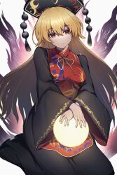 Rule 34 | 1girl, black dress, black headwear, blonde hair, chinese clothes, chinese commentary, closed mouth, dress, energy, fingernails, hair between eyes, highres, junko (touhou), long hair, long sleeves, looking at viewer, phoenix crown, red eyes, shishui guima, simple background, solo, tabard, touhou, white background, wide sleeves