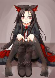 Rule 34 | 1girl, animal ears, black footwear, black pantyhose, boots, unworn boots, brooch, brown hair, dress, feet, highres, imaizumi kagerou, jewelry, knee boots, long hair, looking at viewer, nama shirasu, pantyhose, presenting, red eyes, sitting, smell, solo, thighband pantyhose, touhou, very long hair, wavy mouth, wolf ears