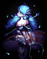 Rule 34 | 1girl, absurdres, black background, black dress, blue eyes, blue hair, bound, bound arms, braid, bsapricot, commentary, dress, english commentary, from behind, gwen (league of legends), hair behind ear, highres, league of legends, needle, off-shoulder dress, off shoulder, oversized object, solo, stab, twin braids
