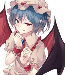 Rule 34 | 1girl, arai togami, ascot, bat wings, blue hair, brooch, dress, fang, hat, hat ribbon, jewelry, mob cap, pink dress, pointy ears, puffy short sleeves, puffy sleeves, red eyes, remilia scarlet, ribbon, short sleeves, smile, solo, touhou, upper body, wings, wrist cuffs
