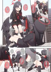 Rule 34 | 3girls, absurdres, ahoge, armband, assault rifle, black footwear, black gloves, black hair, black headwear, black sailor collar, black serafuku, black shirt, black skirt, black socks, black wings, blue archive, blush, building, closed eyes, commentary request, covering privates, eyelashes, eyes visible through hair, falling, gloves, gun, hair ornament, hair over eyes, hairclip, halo, hay, highres, holding, holding weapon, ichika (blue archive), justice task force member (blue archive), long hair, long sleeves, looking at another, low wings, multiple girls, neckerchief, on floor, on one knee, open mouth, outdoors, pleated skirt, red armband, red neckerchief, rifle, sailor collar, school uniform, serafuku, shirt, sidelocks, skirt, smile, socks, speech bubble, thighs, translation request, weapon, wings, wooden box, yukie (kusaka shi)