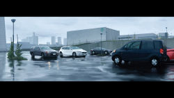 Rule 34 | absurdres, building, car, city, cityscape, cloud, cloudy sky, commentary request, grey sky, headlight, highres, lamppost, letterboxed, motor vehicle, nissan skyline, nissan skyline r32, no humans, original, outdoors, parking lot, rain, reflection, rudeko32, scenery, sky, skyscraper, tail lights, tokyo (city), vehicle focus, wide shot