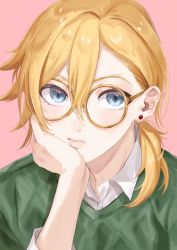 Rule 34 | 1boy, close-up, collared shirt, earrings, glasses, green sweater, hair behind ear, hand on own face, highres, jewelry, looking to the side, male focus, naruse naru, nijisanji, odoro (odorono v), pink background, ponytail, round eyewear, shirt, solo, sweater, virtual youtuber, white shirt