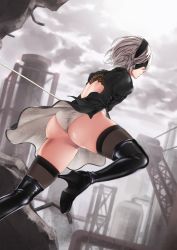 Rule 34 | 1girl, android, ass, black dress, black thighhighs, blindfold, boots, dress, hairband, high heel boots, high heels, highres, meager, nier (series), nier:automata, panties, shiny clothes, shiny skin, short hair, solo, sword, thigh boots, thighhighs, underwear, upskirt, weapon, white hair, 2b (nier:automata)