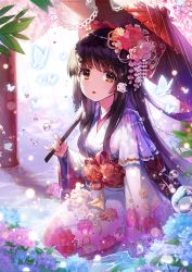 Rule 34 | 1girl, :o, apple caramel, black hair, bow, brown eyes, bug, butterfly, capelet, flower, glowing, hair bow, hair flower, hair ornament, highres, holding, holding umbrella, hydrangea, insect, japanese clothes, long hair, obi, oil-paper umbrella, original, rain, sash, solo, umbrella, water, wide sleeves