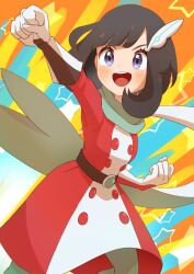 Rule 34 | 1girl, :d, black hair, clenched hands, creatures (company), dress, game freak, gloves, hair ornament, highres, long sleeves, nintendo, official alternate costume, open mouth, pokemon, pokemon masters ex, purple eyes, red dress, refisa, scarf, selene (pokemon), selene (special costume) (pokemon), short hair, smile, solo, teeth, two-tone dress, upper teeth only, white dress, white gloves