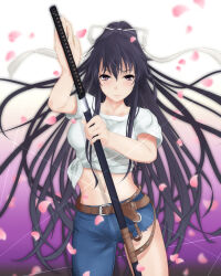 Rule 34 | 1girl, asymmetrical clothes, belt, black hair, blue pants, breasts, brown belt, closed mouth, commentary request, denim, feet out of frame, fighting stance, gradient background, hair between eyes, hair ribbon, hands up, holding, holding sheath, holding sword, holding weapon, jeans, kanzaki kaori, katana, large breasts, leather belt, light blush, long hair, looking at viewer, midriff, navel, ootachi, pants, ponytail, purple eyes, ready to draw, ribbon, sheath, sheathed, shichiten shichitou, shin (highest1192), shirt, short sleeves, single pantsleg, solo, standing, stomach, sword, thighs, tied shirt, toaru majutsu no index, very long hair, weapon, white ribbon, wire