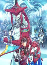 Rule 34 | 1girl, armor, blonde hair, blue eyes, brother and sister, colored skin, highres, link, long hair, looking at viewer, mipha, monster girl, multicolored skin, multiple boys, nintendo, otton, red hair, siblings, sidon, smile, the king of fighters, the legend of zelda, the legend of zelda: breath of the wild, yellow eyes, zora