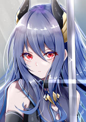 Rule 34 | 1girl, absurdres, bare shoulders, blue hair, breasts, cleavage, closed mouth, clothing cutout, demon horns, detached sleeves, grey background, hair between eyes, highres, holding, holding sword, holding weapon, horns, long hair, looking at viewer, medium breasts, princess connect!, rei (princess connect!), signature, solo, sword, takemura kou, weapon