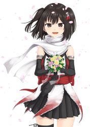 Rule 34 | 10s, 1girl, :d, bad id, bad pixiv id, black eyes, black gloves, black hair, bouquet, elbow gloves, fingerless gloves, flower, gloves, hair ornament, highres, holding, kantai collection, looking at viewer, open mouth, petals, pleated skirt, scarf, school uniform, sendai (kancolle), sendai kai ni (kancolle), serafuku, skirt, smile, solo, two side up, wind, yuuki kazuhito
