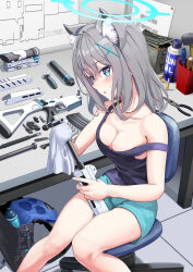 Rule 34 | 1girl, absurdres, alternate costume, ammunition box, animal ear fluff, animal ears, assault rifle, bag, balaclava, blue archive, blue eyes, blue shorts, blueprint (object), bottle, breasts, bullet, casual, chair, cleaning, cleaning weapon, cleavage, collarbone, commentary request, cross hair ornament, desk, earrings, english text, estrella (uypu4574), extra ears, from above, grey hair, gun, hair between eyes, hair ornament, halo, hammer, head tilt, highres, holding, holding gun, holding weapon, indoors, jewelry, knees together feet apart, looking at viewer, looking up, magazine (weapon), maintenance, medium breasts, medium hair, office chair, optical sight, parted lips, pliers, rifle, school bag, screwdriver, shiroko (blue archive), short shorts, shorts, sidelocks, sig sauer 556, sitting, sleeveless, solo, sweatdrop, swivel chair, tank top, water bottle, weapon, wolf ears, wolf girl