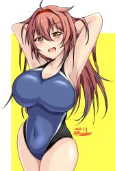Rule 34 | 1girl, arms behind head, blue one-piece swimsuit, blush, breasts, brown hair, collarbone, competition swimsuit, dated, hair flaps, hairband, highleg, highleg swimsuit, highres, impossible clothes, impossible swimsuit, kantai collection, large breasts, long hair, montemasa, one-hour drawing challenge, one-piece swimsuit, open mouth, orange eyes, red hairband, shiratsuyu (kancolle), shiratsuyu kai ni (kancolle), smile, solo, swimsuit, twitter username, two-tone background, two-tone swimsuit, white background, yellow background