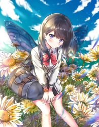 Rule 34 | 10s, 1girl, bad id, bad pixiv id, bag, black skirt, blue sky, blurry, blurry background, blush, bow, bowtie, brown hair, butterfly wings, cardigan, closed mouth, cloud, collared shirt, commentary request, day, depth of field, duffel bag, flower, gridman universe, hair between eyes, head tilt, insect wings, leaning forward, long hair, looking at viewer, melings (aot2846), outdoors, pleated skirt, purple eyes, red bow, red bowtie, shirt, skirt, sky, solo, ssss.gridman, takarada rikka, white cardigan, white shirt, wings, yellow flower