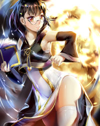 Rule 34 | 1girl, absurdres, armpits, bare hips, black hair, book, brown eyes, collarbone, detached sleeves, dress, eyebrows, glasses, highres, holding, holding book, jacket, magic, original, shiny skin, short hair, shuffle (songdatiankong), solo, thighhighs, track jacket, track suit, wand, white thighhighs