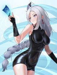 Rule 34 | 1girl, bare shoulders, black gloves, blue background, breasts, commentary, covered navel, cowboy shot, dealesis, genshin impact, gloves, grey eyes, grey hair, hair ornament, hand up, head tilt, highres, large breasts, long hair, ofuda, shenhe (genshin impact), sleeveless, solo, standing, thighs, very long hair