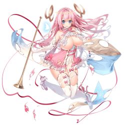 Rule 34 | 1girl, blue eyes, blush, breasts, dennou tenshi djibril, elbow gloves, full body, gloves, holding, holding instrument, huge breasts, instrument, knees together feet apart, long hair, official art, open mouth, pink footwear, pink hair, red ribbon, ribbon, solo, thighhighs, torn clothes, transparent background, trumpet, underboob, white gloves, white thighhighs