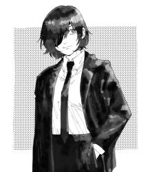 Rule 34 | 1girl, ajo cnsw, black hair, black jacket, black pants, black suit, chainsaw man, collared shirt, eyelashes, eyepatch, hands in pockets, himeno (chainsaw man), jacket, long sleeves, monochrome, necktie, one eye covered, pants, shirt, short hair, sleeves past elbows, smile, solo, suit, white shirt