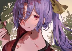 Rule 34 | 1girl, breasts, cleavage, collarbone, commentary request, expressionless, eyebrows hidden by hair, fingernails, hair over one eye, hand up, highres, holding, holding smoking pipe, kiseru, komakusa sannyo, long hair, looking at viewer, parted lips, ponytail, portrait, purple hair, red eyes, simple background, smoking pipe, solo, tamagogayu1998, tareme, touhou, upper body, white background