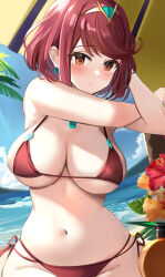 Rule 34 | 1girl, beach, bikini, blue sky, blush, breasts, closed mouth, cloud, day, earrings, flower, gold hairband, hairband, hibiscus, highres, jewelry, large breasts, looking at viewer, navel, ocean, outdoors, pyra (xenoblade), red bikini, red eyes, red hair, short hair, side-tie bikini bottom, sky, solo, stomach, stretching, swimsuit, tomas (kaosu22), xenoblade chronicles (series), xenoblade chronicles 2