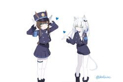 Rule 34 | 2girls, amiya (arknights), animal ear fluff, animal ears, aqua eyes, arknights, armband, arms up, artist name, belt, belt buckle, black belt, black hat, black jacket, black shorts, black skirt, blue archive, blue armband, brown hair, brown tail, buckle, cat ears, cat girl, cat tail, closed mouth, commentary request, cosplay, ears through headwear, feet out of frame, gloves, green eyes, hand up, hat, heart, highres, hikari (blue archive), hikari (blue archive) (cosplay), jacket, long hair, long sleeves, looking at viewer, mahame, multiple girls, nozomi (blue archive), nozomi (blue archive) (cosplay), pantyhose, parted lips, peaked cap, pleated skirt, rabbit ears, rabbit girl, rabbit tail, rosmontis (arknights), shorts, simple background, skirt, smile, standing, tail, white background, white gloves, white hair, white pantyhose, white tail