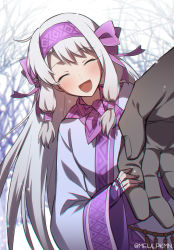 Rule 34 | 1girl, :d, ^ ^, blush, bow, closed eyes, day, fate/grand order, fate (series), fingerless gloves, floating hair, forest, gloves, hair bow, head tilt, headband, heracles (fate), holding finger, illyasviel von einzbern, long hair, long sleeves, meiji ken, nature, open mouth, outdoors, purple bow, purple gloves, purple headband, silver hair, sitonai (fate), smile, snowing, twitter username, very long hair