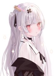 Rule 34 | 1girl, :o, black ribbon, character request, collar, commission, crown, earrings, grey hair, hakua aa, highres, indie virtual youtuber, jewelry, looking at viewer, mini crown, red eyes, ribbon, simple background, skeb commission, solo, two side up, virtual youtuber, white background