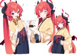 Rule 34 | 1girl, black horns, black ribbon, blue archive, blue skirt, bowl, chopsticks, closed mouth, dango, demon horns, eating, floral print, food, hair ribbon, hakama, hakama skirt, hands on own hips, heart, holding, holding bowl, holding chopsticks, horns, japanese clothes, junko (blue archive), junko (new year) (blue archive), karijo, kimono, long hair, looking at viewer, mitarashi dango, mochi, mochi trail, multiple views, musical note, notice lines, pink eyes, print kimono, red hair, ribbon, simple background, skirt, twintails, wagashi, white background, wings, yellow kimono